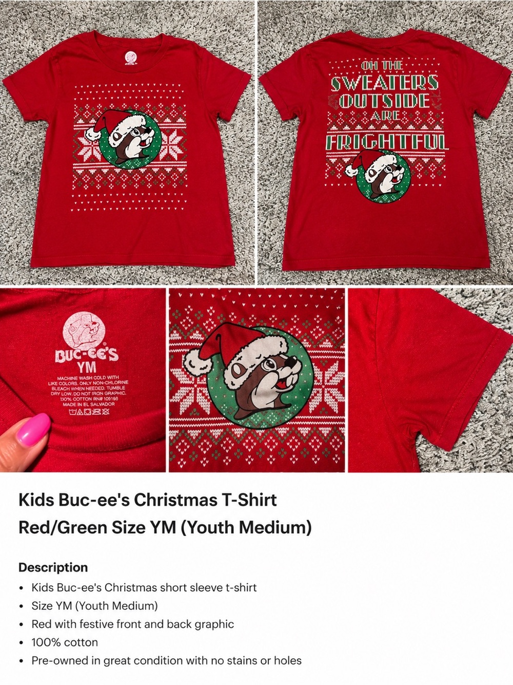 Buc-ee’s Kids Christmas Graphic Tee Youth Medium Red Holiday Shirt